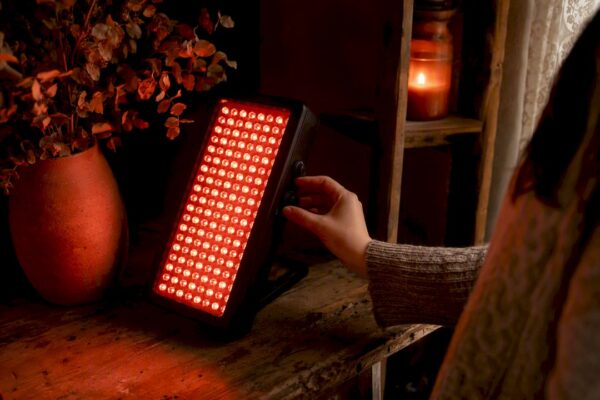 Red light therapy panel in cozy home setting