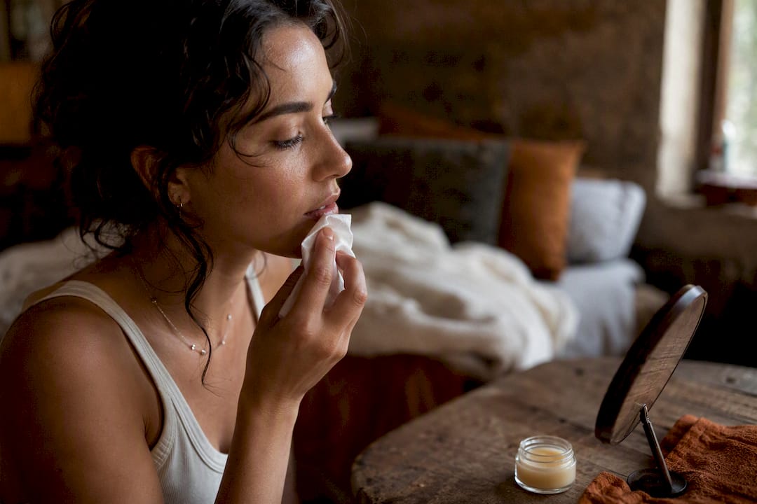 Lips being blotted with tissue after balm application