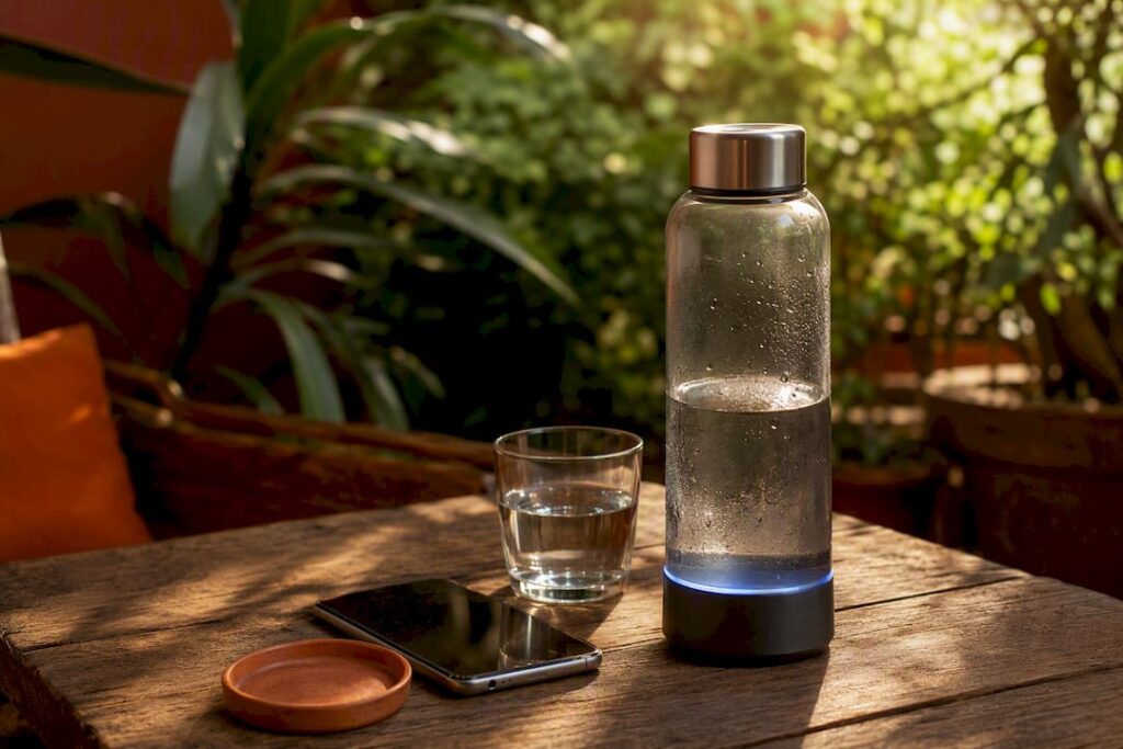 Smart water bottle glowing to remind hydration