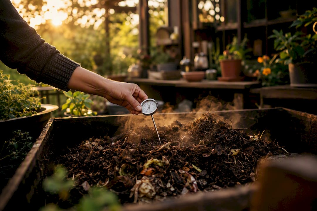 Hand measuring temperature in hot compost pile
