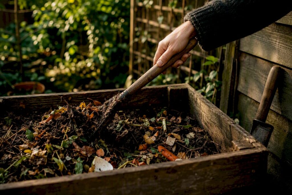 Hand turning compost in backyard bin