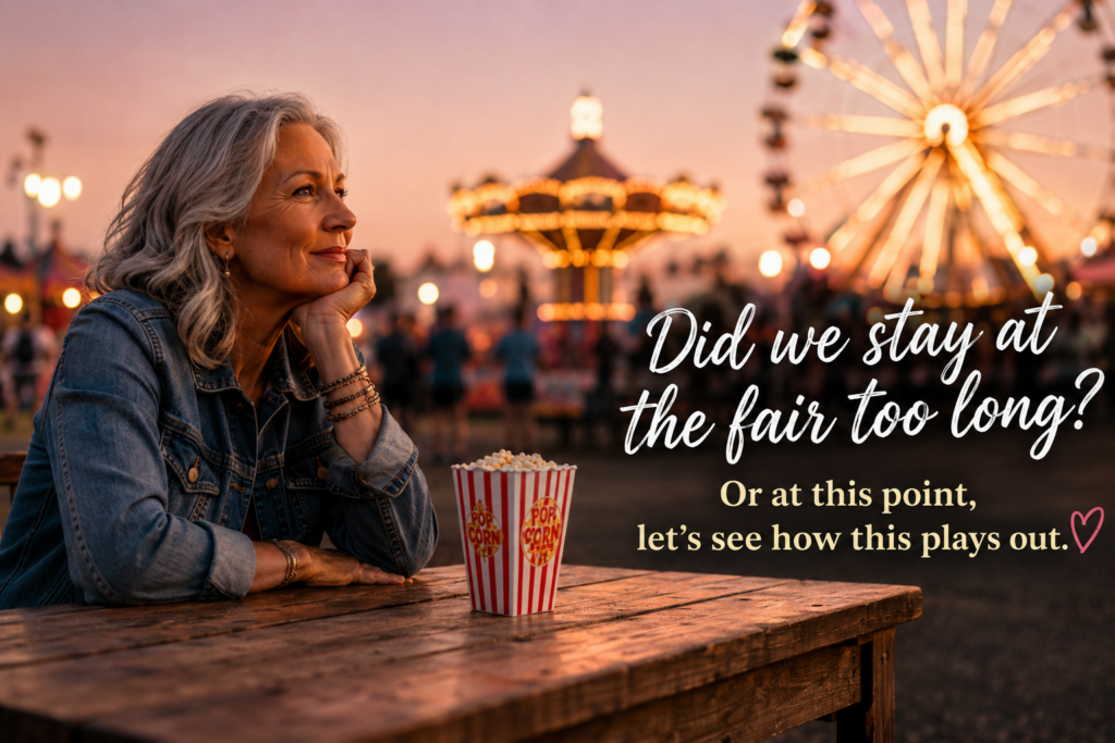 Woman at a fair at sunset reflecting on gray divorce, marriage after 50 and starting over later in life.