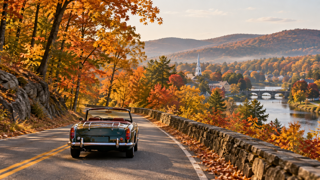 A winding Hudson Valley road framed by peak autumn foliage near Bedford, New York
