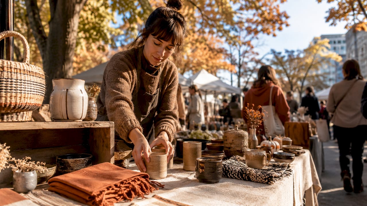 Makers market booths under autumn trees