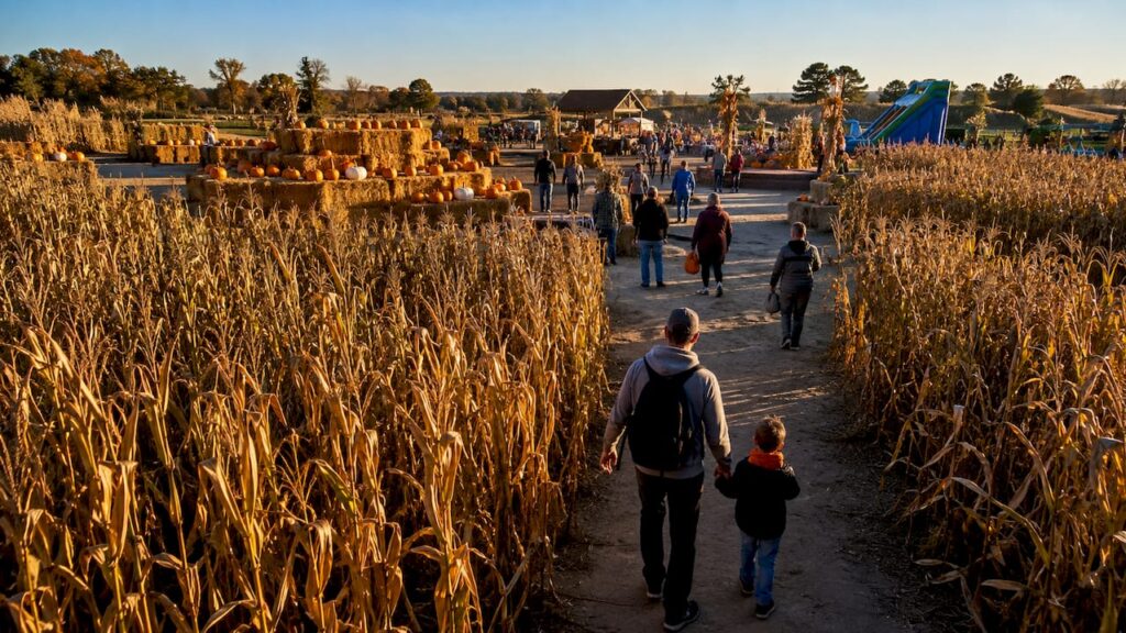 Families exploring a colorful fall farm festival