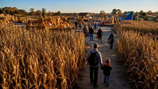 Families exploring a colorful fall farm festival