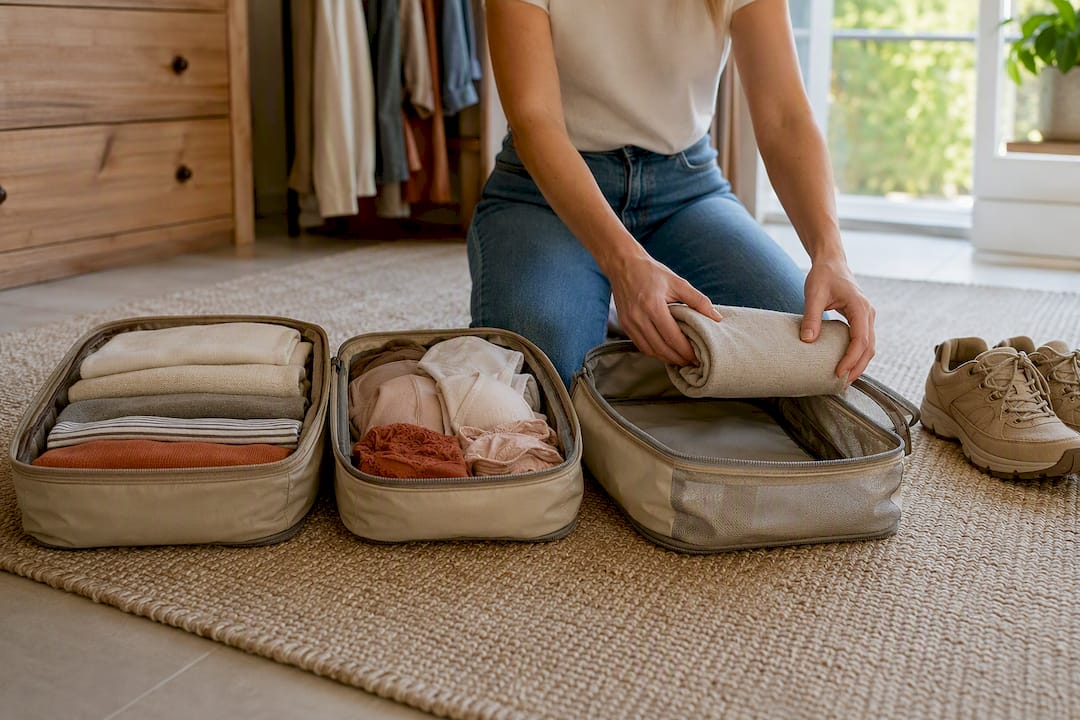 Rolling clothes into compression packing cubes