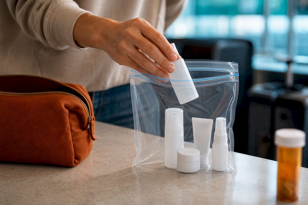 Clear toiletry bag with small travel containers