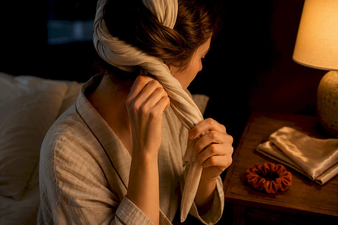 Woman loosening overnight hair wrap