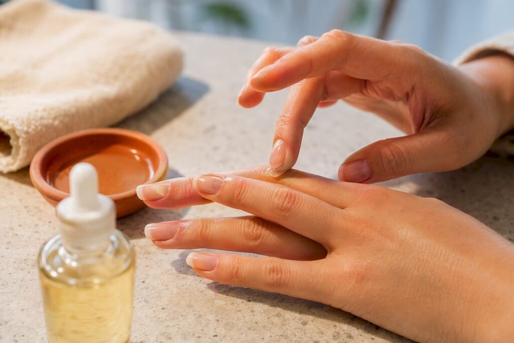 Hands applying oil to brittle nails