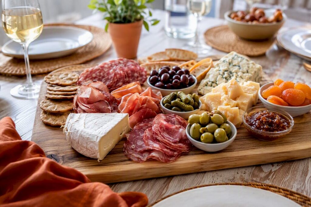 Colorful charcuterie board with cheeses and meats