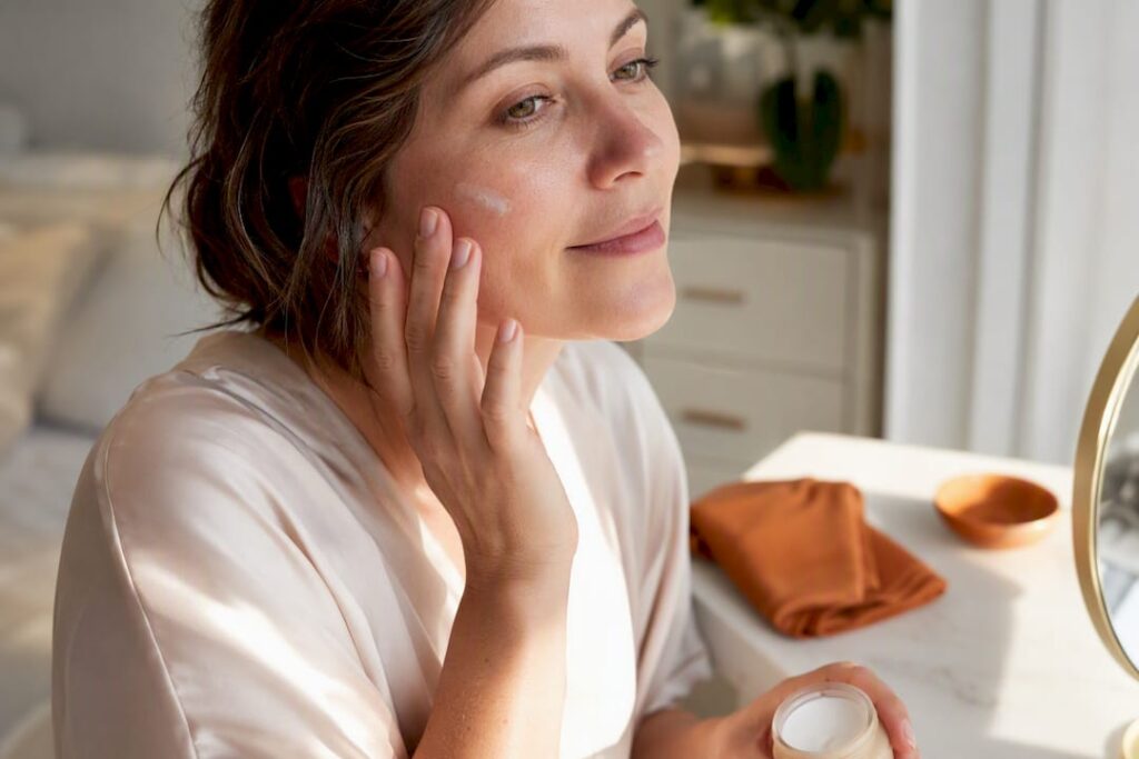 Woman applying barrier cream to cheek