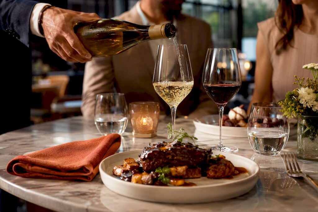 Wine glasses paired with an elegant dinner