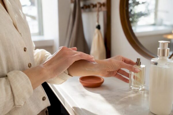 Hands applying lotion before fragrance