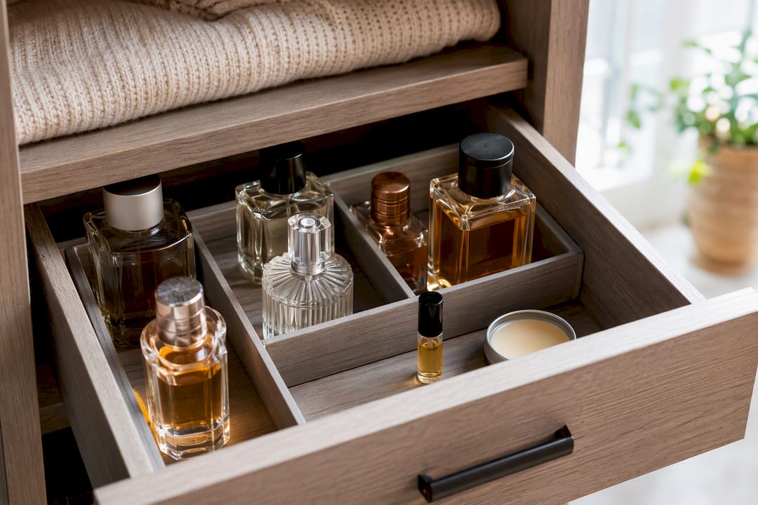 Fragrance bottles stored neatly in drawer