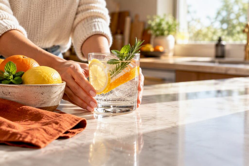 Citrus alcohol-free drink in sunlight