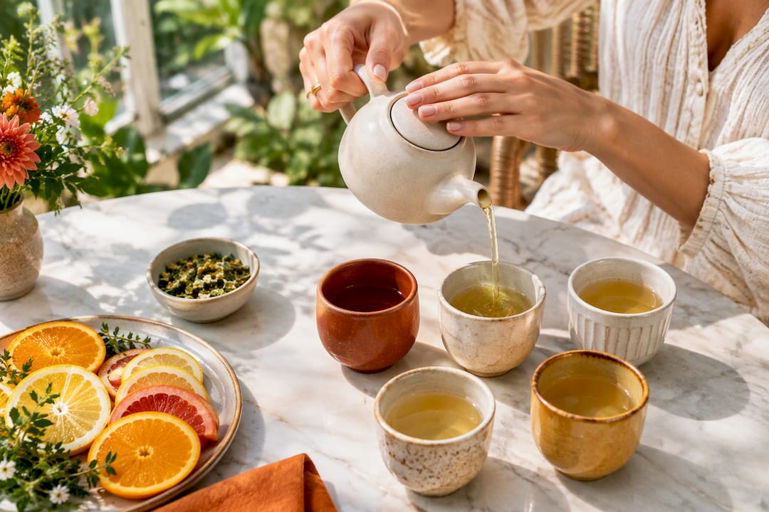 Hands pouring tea during a tasting