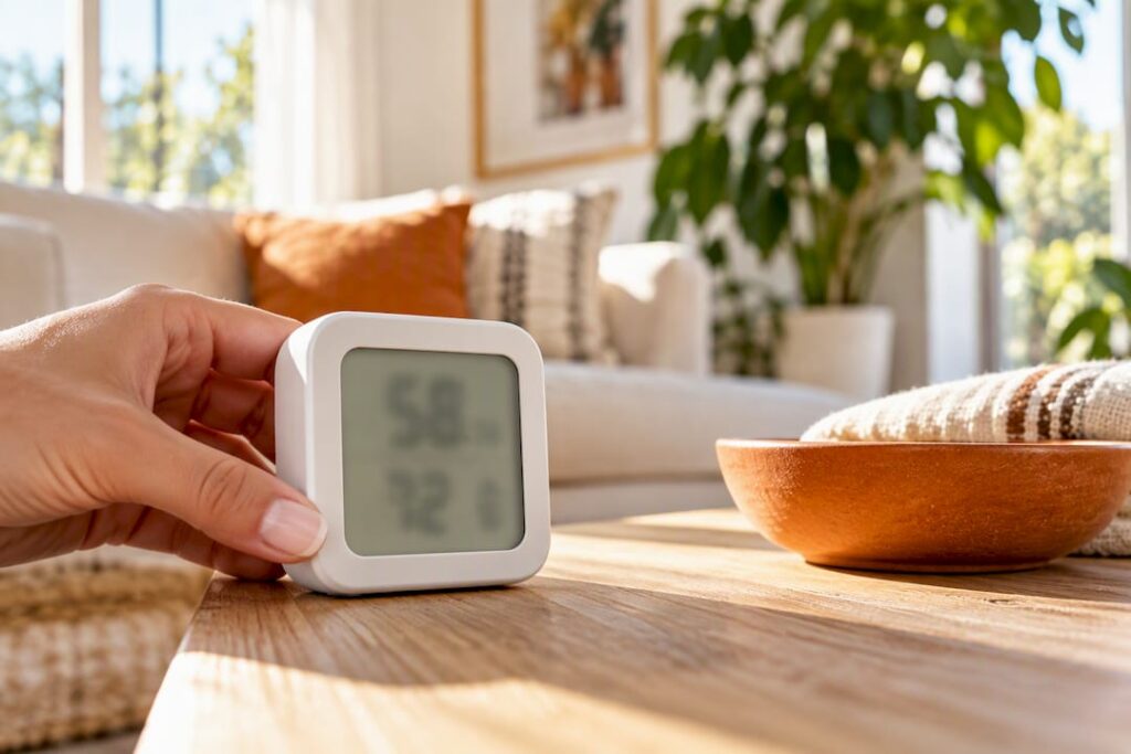Hand checking a hygrometer in bright home