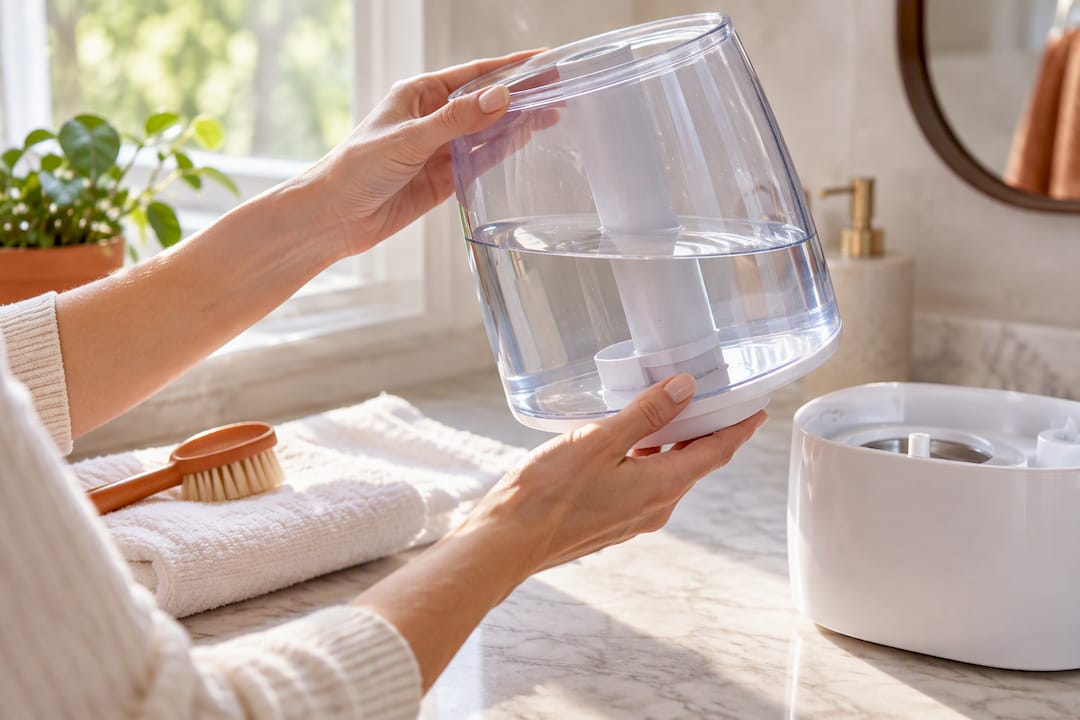 Hands inspecting a humidifier water reservoir