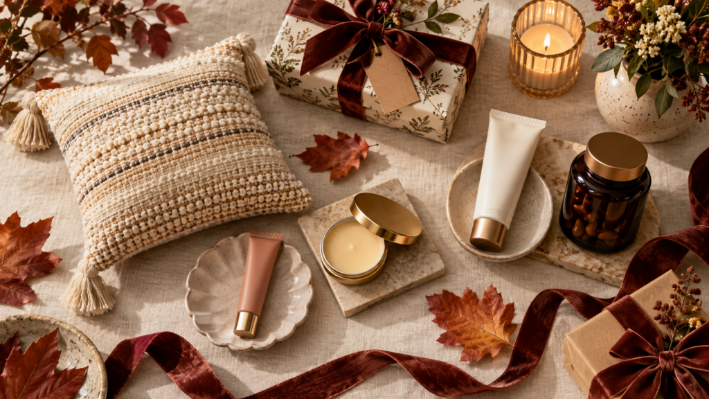 Fall hostess gifts arranged with burgundy ribbon and autumn leaves