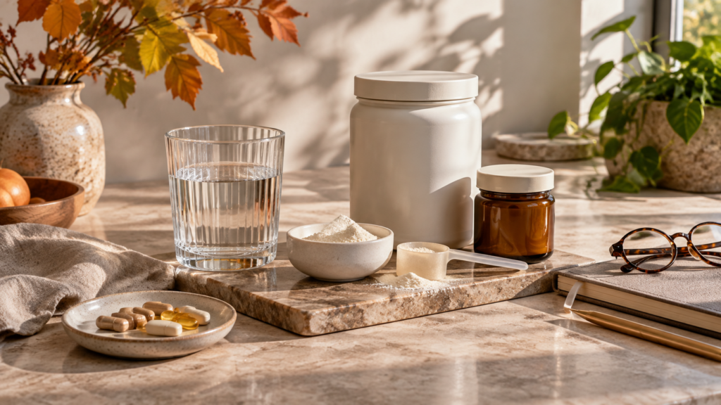 A simple morning wellness routine with unlabelled supplement jars, water and a notebook