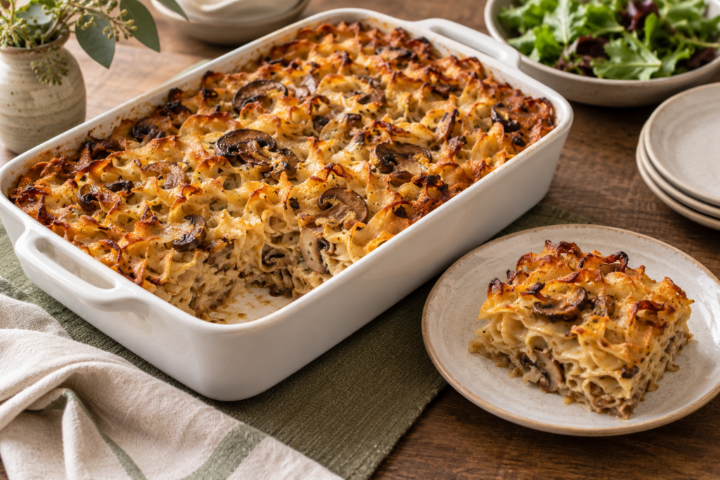 : Golden mushroom and onion noodle kugel baked in a white casserole dish, with one serving plated beside it.