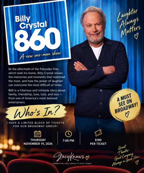 Billy Crystal standing in front of blue theater curtains promoting his new Broadway one-man show 860, with StacyKnows group tickets for November 19, 2026 at 7 PM.