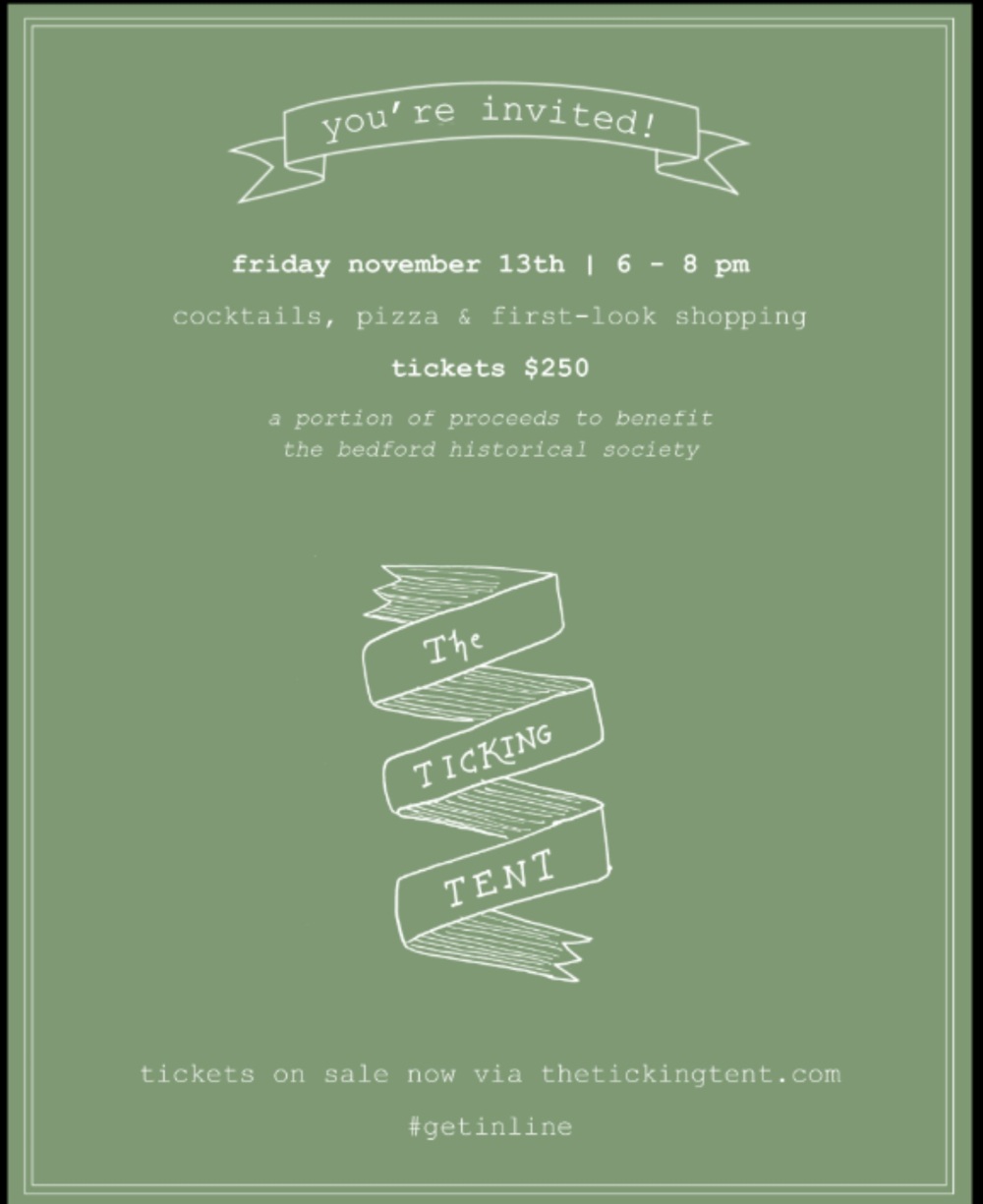 The Ticking Tent Friday invitation: November 13, 6-8 PM, cocktails, pizza and first-look shopping, tickets $250