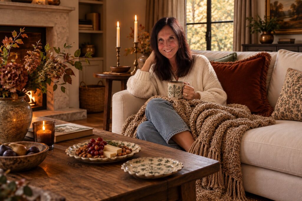 AI-generated image of Stacy on a sofa in a cozy fall living room with a rust velvet pillow and woven throw