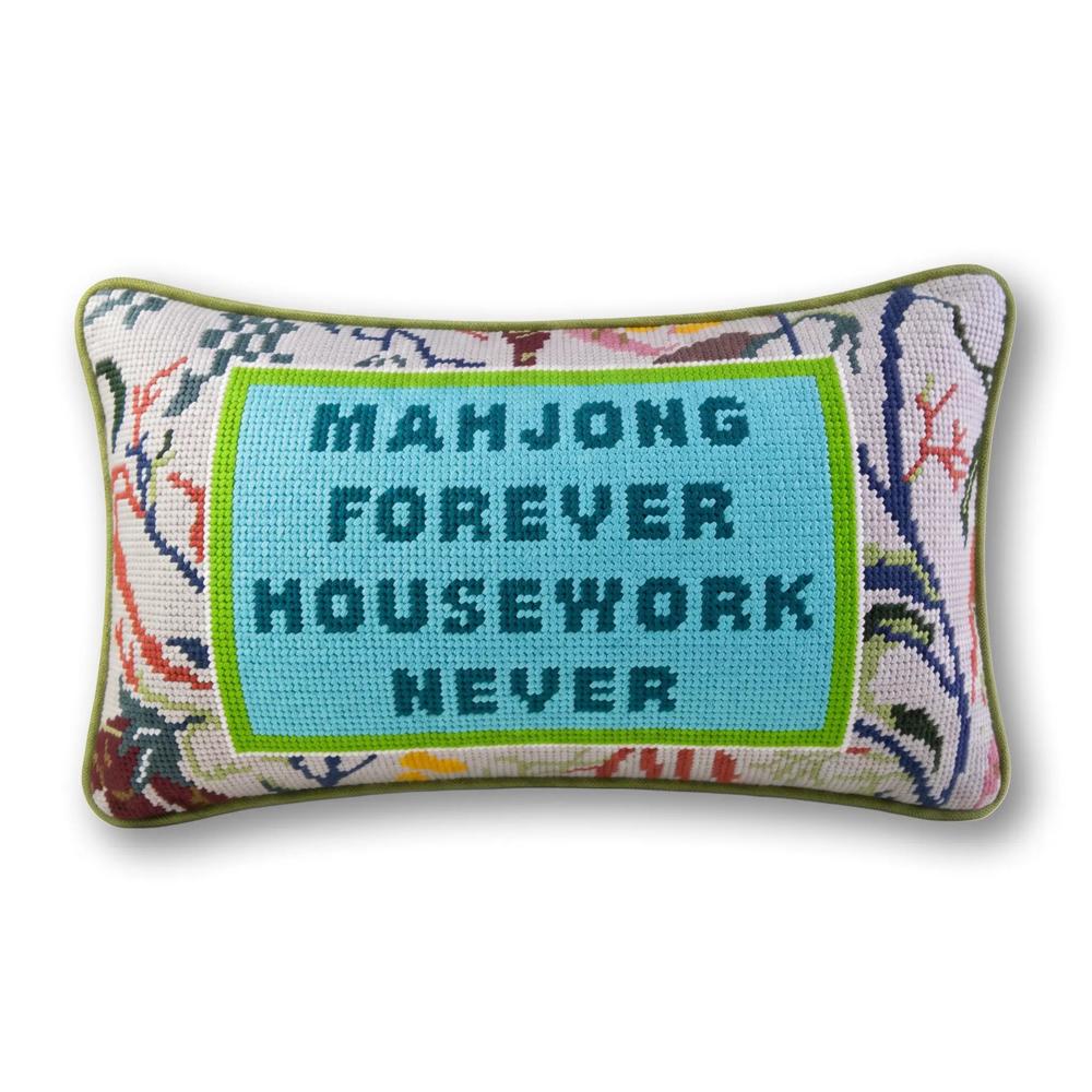 Furbish Studio Mahjong forever, housework never needlepoint pillow
