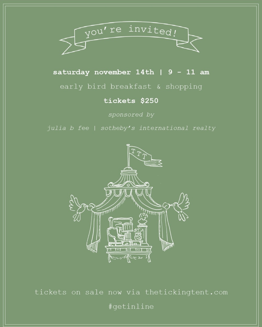The Ticking Tent illustrated invitation for Saturday November 14 early bird breakfast and shopping, 9-11 AM
