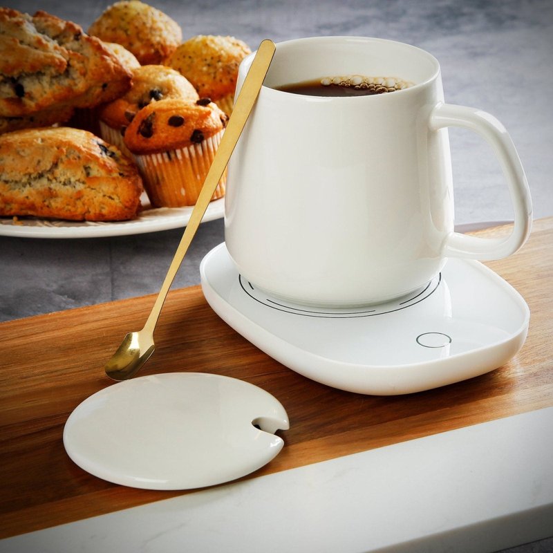 HomeWetBar white mug warmer set with lid and gold spoon
