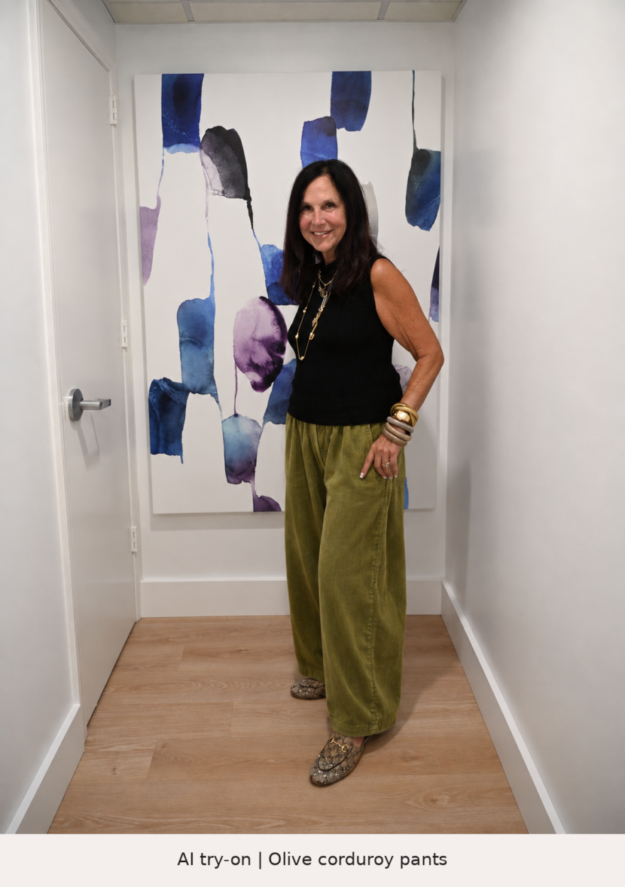 AI try-on of Stacy in olive green corduroy wide-leg pants with a black sleeveless top and snakeskin mules