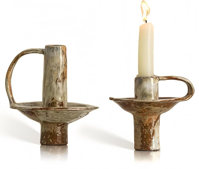 Elouon ceramic and brass-look taper candle holders, set of two